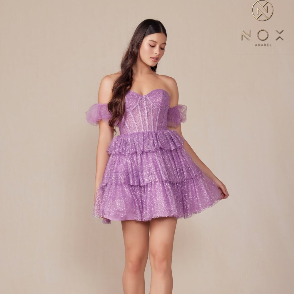 NEW FORMAL SHORT STRAPLESS MINI GLITTER DRESS W/ REMOVABLE PUFF SLEEVES NX Y860